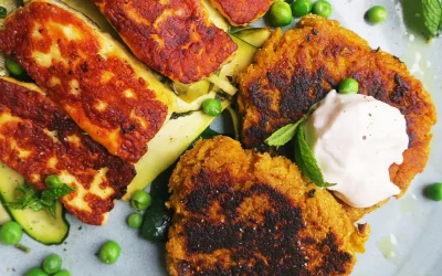 Spiced Carrot Fritters with Halloumi & Courgette